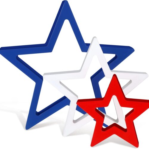 3 Pieces 4th of July Wooden Star Signs Patriotic Decoration Memorial Day Table Decor for Home Independence Day Tiered Tray Shelf Decor (White,Blue,Red)