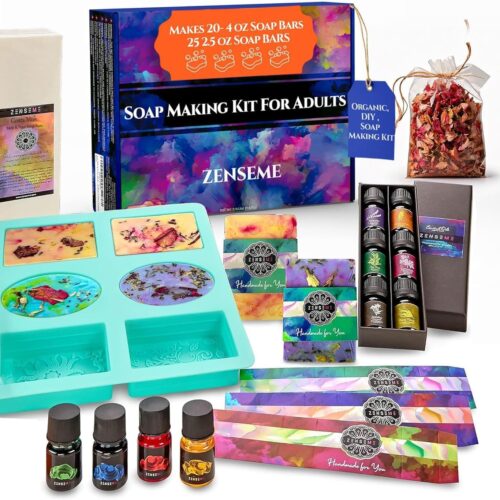 Soap Making Kit for Adults, Make Your Own Soap with Melt & Pour diy Natural Soap supplies; 6 Essential Oils, Silicone Soap Mold, Spoon, Dried Flowers, 1.5lbs. Goats Milk Soap Base, 4 Colors, 9 Labels
