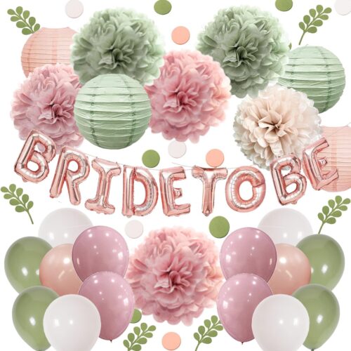 Bachelorette Decorations Pink Green- Bridal Shower Party Decor and Supplies Kit for Wedding With Foil Balloons Table Confetti Scatters Hanging Paper Lantern Tissue Flowers (Sage Green + Rose Pink)