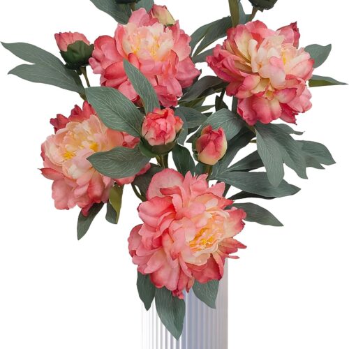 Coral Pink Peonies Artificial Flowers,4 Pcs Fake Silk Peonies with Stems Real Look,Peony Bush for Home Decor (4, Coral Pink)
