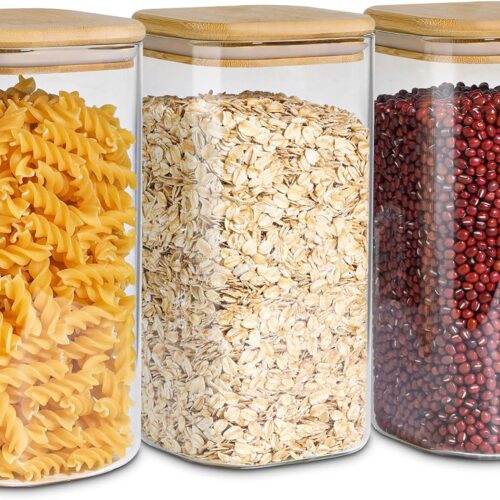 Airtight Glass Storage Canister with Wood Lid (51 oz), Clear Food Storage Container Jar with Sealing Lids for Oat Pasta Flour Cereal Rice Sugar Tea Coffee Beans, Set of 3 Square Cookie Jar