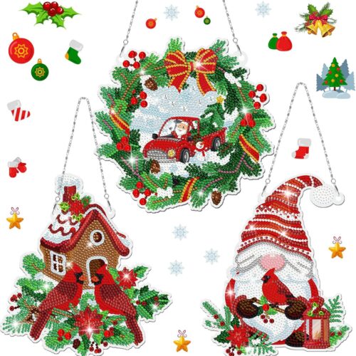 3 Pcs Christmas Diamond Painting Hanging Sign Set Gnome Birds Diamond Art Hanging Wall Art DIY 5D Crystal Rhinestone Wreath Kits for Christmas Wall Door Window Decorations