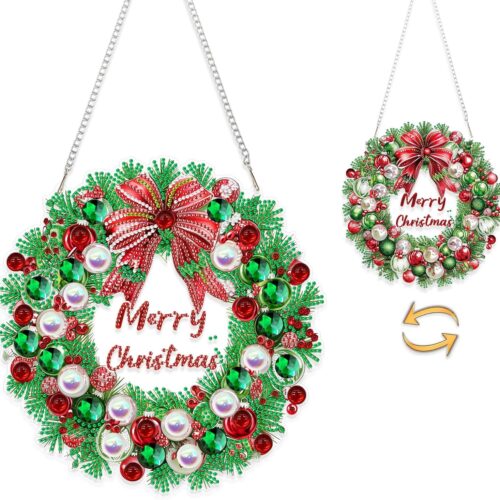 Christmas Diamond Art Hanging Kit for Adult Wreath, DIY Acrylic Diamonds Painting Double Sided Ornament Pendant Board Kit