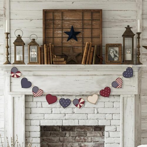 4th of July Heart Garland Vintage Patriotic Decor Wooden Star Banner Red White Blue Hanging Wreath Ornaments for America Memorial Day Independence Day Fireplace Porch Mantel Wall