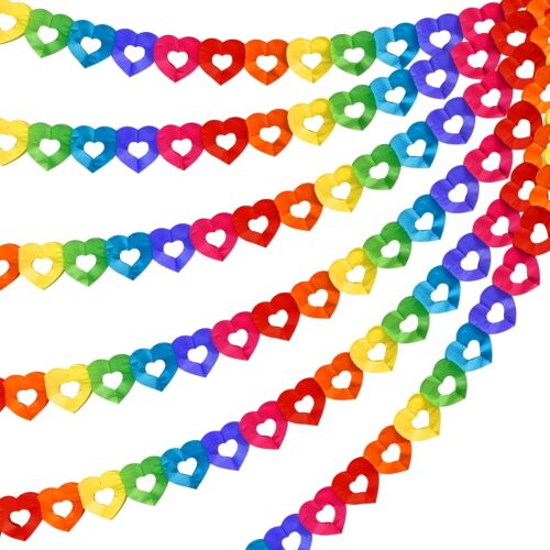 6 Pieces Colorful Rainbow Heart Banner - 60 Feet Colorful Rainbow Gay Pride Paper Garland - Heart Shape Hanging Decorations for Birthday Party Wedding Parades Celebration