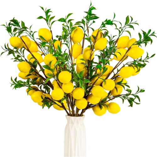 4Pcs Artificial Lemons Branch, 19 Inch Vivid Yellow Fake Lemons Branch with Green Leaf and Adjustable Branch, Lemon Decor for Home Kitchen, Graden, Desk, Party Decorations