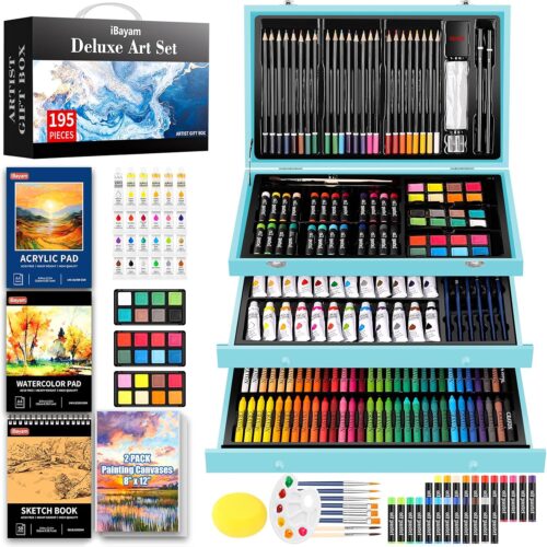 rt Set for Kids Teens Girls Boys Adult, 195-Pack Deluxe Artist Gift Box with 3 PCS Drawing Pads, A4 Canvases, Arts and Crafts Kits, Painting, Drawing & Art Supplies with 24 Color Acrylic Paint