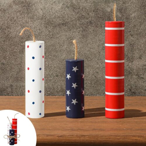 4th of July Decorations, 3pcs July 4th Patriotic Tiered Tray Decor Wooden Firework Sign, Wood Fire Crackers Set, American Memorial Flag Day Table Decor for Independence Day Home Decor