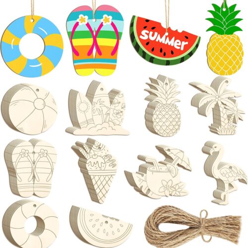 80PCS Wooden Summer Ornaments to Paint, 10 Styles DIY Blank Unfinished Wood Beach Cutouts Ornament for Crafts Hanging Decorations, Watermelon Surfboard Slippers Coconut Tree Home Decorations Gifts