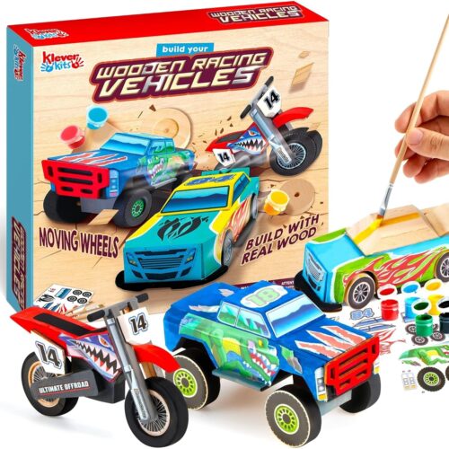 Kids Craft Kit Build & Paint Your Own Wooden Race Car Art & Craft Kit DIY Toy Make Your Own Car Truck Toy Construct and Paint Kit, Presents for Kids