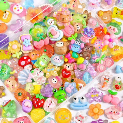 60Pcs Mixed Colors Slime Charms Assorted Cute Jelly Embellishments, Random Bulk Flatback Resin Ornament Bear Star Kawaii Slime Accessories for Phone Junk Case, Scrapbooking Crafting & DIY Decor