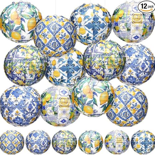 12 Pcs Capri Lemon Paper Lantern 8 Inch Blue Yellow Lemon Hanging Lantern Indoor Outdoor Lemon Birthday Party Decorations Decorative Round Lanterns for Tea Wedding Baby Shower Party Supplies
