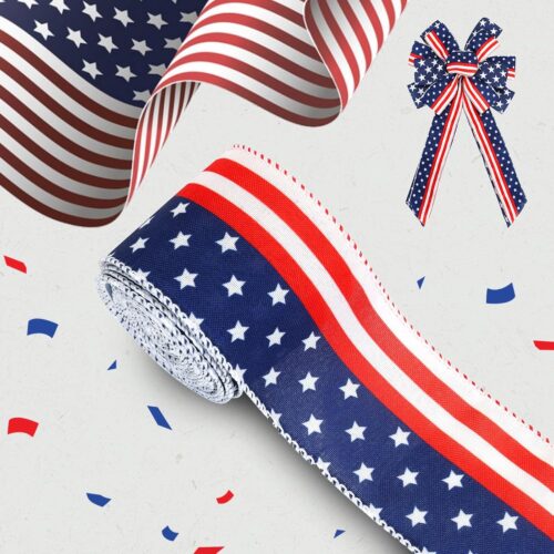 1 Roll Patriotic Ribbon Red White and Blue Ribbon American Flag Ribbon 2.5 Inch 4th of July Ribbon Wired for Independence Day Craft Sewing Gift Wrapping, star