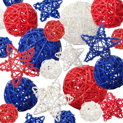 22 Pcs 4th of July Decorative Balls for Centerpiece Bowls Red Blue White Rattan Balls for Independence Day Home Decor Craft Vase Bowl Filler Table Party Supplies Decorations, 5 Size, 2 Shapes