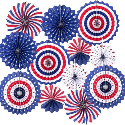 4th of July Patriotic Decorations Outdoor, Memorial Day Decorations, Fourth of July Decorations for Home, Hanging Paper Fans for Independence Flag Day Party Decor