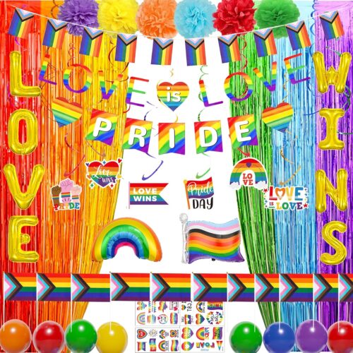 97PCS Gay Pride Party Supplies with Banner,Balloons,Handheld Flags,Rainbow Curtain,Pride Tattoo Stickers,Paper Pompoms,LGBT Pride Month Decor, Gay Pride Party Decorations