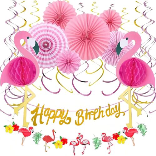 Flamingo Party Honeycomb Decoration, Hanging Pink Paper Fans, Birthday Banners, Swirl Decorations (6 Fans, 2 Honeycombs, 1 Banner, 12 Swirls)
