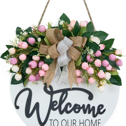 3D Spring Summer Welcome Wreaths for Front Door, Wood Door Hanger,Floral Porch Decor,Wall Plaque, Pink Flower Wreath,Farmhouse White Welcome Sign for Front door-13