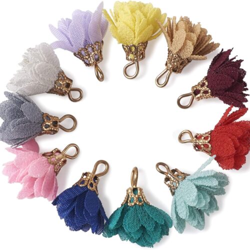 100pcs Cloth Fabric Flower Pendants Cloth Floral Petal Tassel Charms with Golden Filigree Flower Cap Mixed Color for DIY Earrings Keychain Jewelry Making Crafts 17-19mm