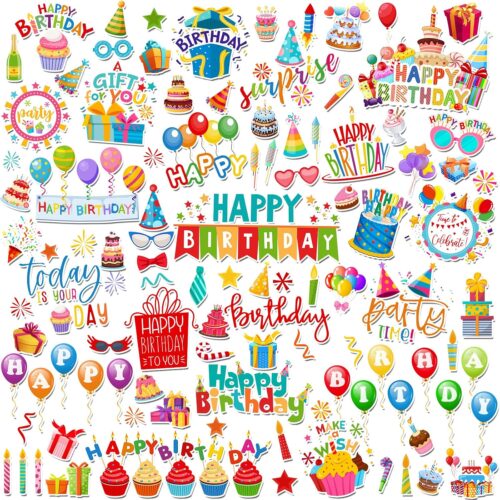 100 Pcs Birthday Paper Die Cuts Cardstock Scrapbook Die Cuts DIY Scrapbooking Cutouts for Birthday Scrapbook Notebook Suitcase Calendar Laptop Embellishments Supplies Craft Making Decoration