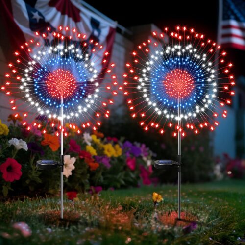 4th of July Decorations Solar Lights Outdoor, 2 Pack 360 LED Red White and Blue Firework Lights with 8 Modes & Timer Waterproof for Garden Yard Patio Pathway Lawn Fourth of July Patriotic Decor