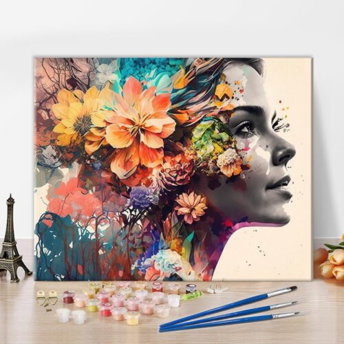 DIY Oil Painting Kit, Colorful Woman Profile and Flowers Paint by Numbers for Adults, Beautiful Woman Paint by Numbers with Brushes and Pigment for Wall Decor, 16x20 Inch