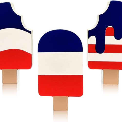 4th of July Patriotic Decorations - July 4th Ice Cream Wooden Sign Table Centerpieces - 3Pcs Memorial Day Independence Day Wood Tiered Tray Decor for The Home Office Tables