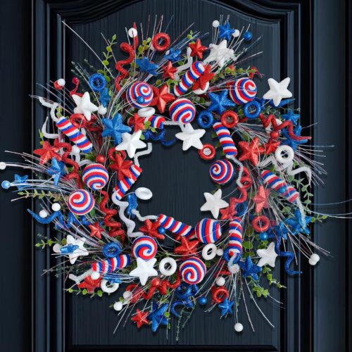 22-inch July 4th Patriotic Wreath Independence Day Front Door Wreath Handcrafted red White Blue Star Candy Spiral Decoration Memorial Day Indoor Outdoor Decoration
