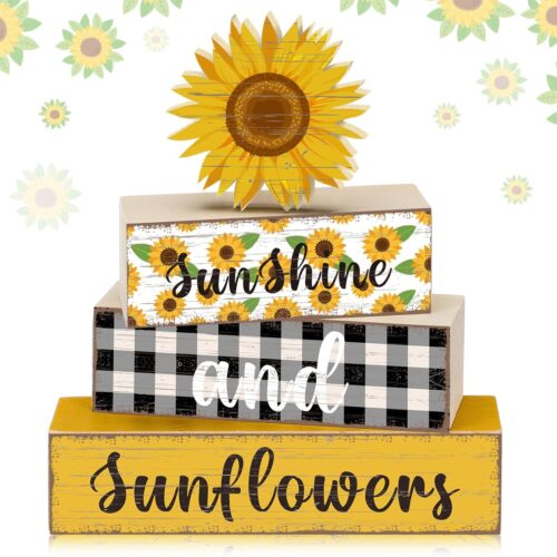 4 Pcs Summer Sunflower Wood Table Decor Sunflower Wood Table Block Decoration Tiered Tray Decor Wooden Tabletop Sign Farmhouse Rustic Wooden Sign Centerpieces for Home Party
