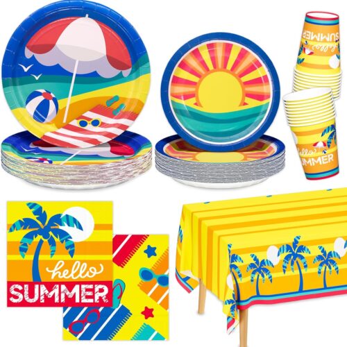 Beach Party Supplies, Hawaiian Beach Disposable Paper Plates Napkins Cups and Tablecloth for Seaside Birthday Summer Vibes Luau Tropical Party, Serve 25