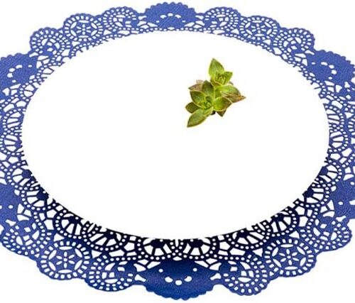 Pastry Tek 12 x 12 Inch Lace Doilies 100 Decorative Tableware Placemats - Disposable Round Navy Blue Paper Table Doilies For Birthdays Or Weddings Table Decor
