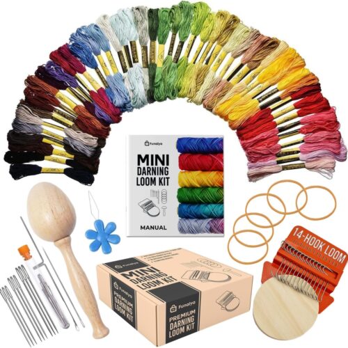 Mini Loom & Darning Kit with 14 Hooks, 10 Knitting Needles, 50 Colors Thread, DIY Sock Mending Tool, Complete Mini Loom & Darning Kit with Guide (Orange)