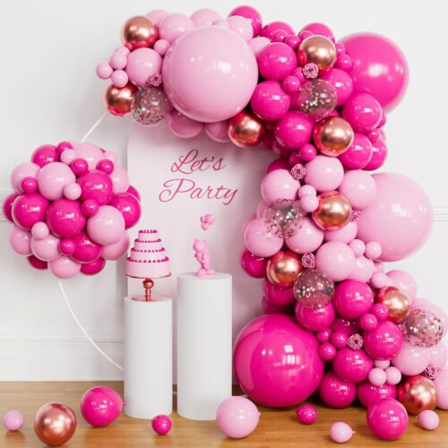 Pink Balloon Garland Arch Kit, 145pcs Hot Pink Rose Gold Balloons with Confetti Balloons for Mother's Day Decoration Girl's Birthday Bridal Baby Shower Princess Theme Party Background Decorations