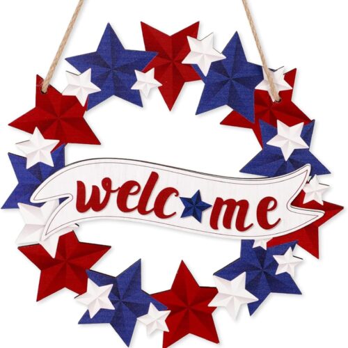 4th of July Decorations Welcome Door Wreath, Patriotic Wreaths for Front Door - Wooden Red White and Blue Star Sign for Memorial Day Decorations Porch Home Wall Outdoor Decor