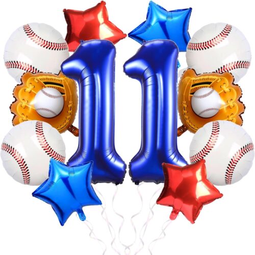 Baseball Balloons Birthday Decorations for Boys 11th Birthday Dodgers Balloons 40in Gaint Blue Foil Mylar Number Balloons for Dodgers Party Decorations Red White and Blue Balloons(11 Birthday Balloon)
