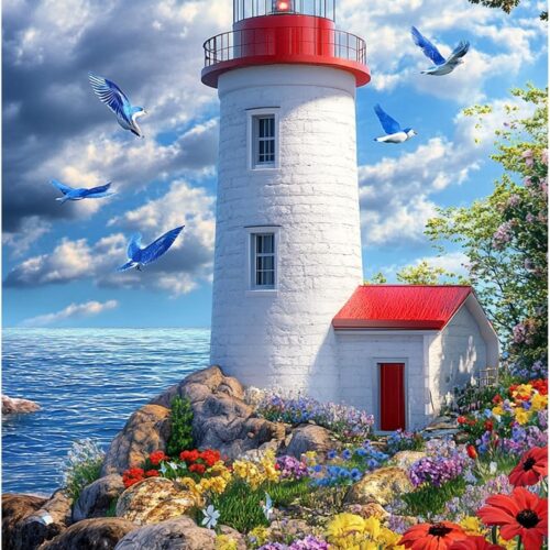 Diamond Art Paintings Kits for Adults,Lighthouse Diamond Art Kits for Adults,12x16 Inch DIY Diamond Art Paintings Kits Seaside Flowers and Seagulls,Diamond Art Painting Set for Beginner