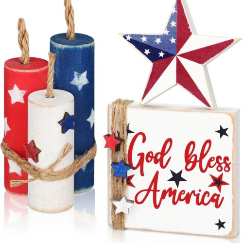 5 Pcs 4th of July Table Decorations Patriotic Independence Day Table Centerpieces Rustic Memorial Day Wood Firework Signs Tiered Tray Decor Rustic God Bless America Decor(Star)