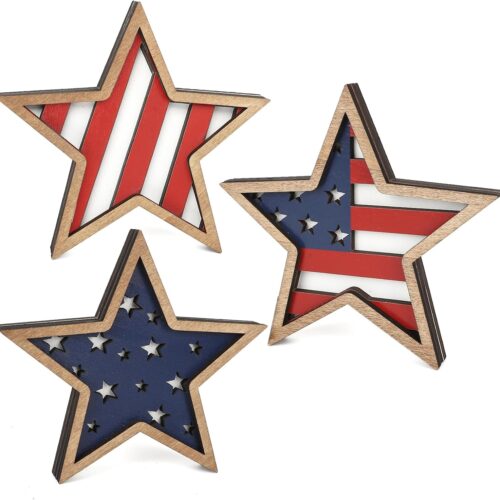 4th of July Decorations Wooden Stars, Patriotic Memorial Day Star Tiered Tray Decor Set of 3, Fourth of July Red White Blue Decoration for Home Office Table Shelf (Flag Hollow)