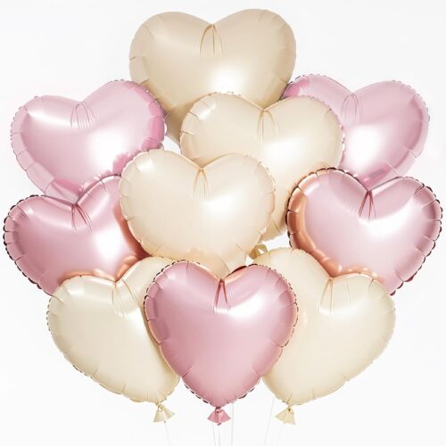 12 PCS Pink Cream Heart Balloons, 18 Inch Large Pink Cream Heart Foil Balloons Reusable Love Balloons for Valentines Engagement Brithday Baby Shower Wedding Party Decorations
