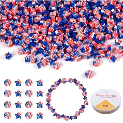 500 Pcs 4th of July American Flag Polymer Clay Patriotic Beads Charms for Crafts with Elastic String