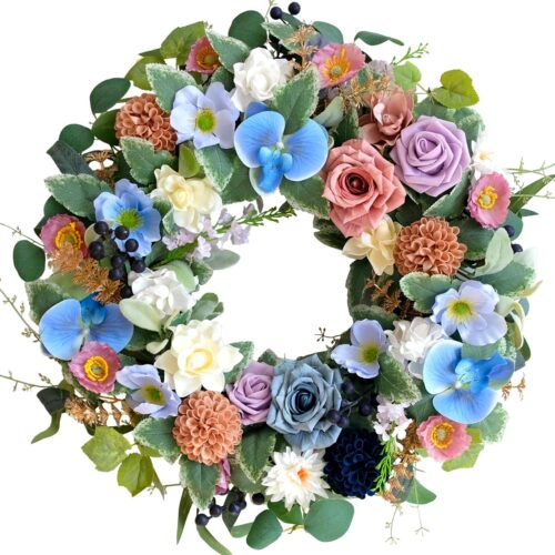 22-inch Summer Front Door Wreath Blue Phalaenopsis Blue White Pink Hydrangea Rose Green Leaf Handcrafted Wreath Indoor Outdoor Home Decoration Festival Wedding Party Office Decoration