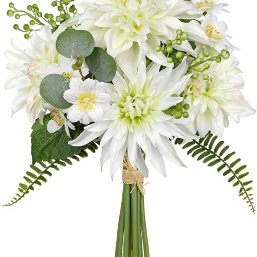Dahlia Artificial Flowers 14.1" Fake White Flowers Realistic Dahlia & Daisies Silk Flower Arrangements Faux Flowers for Vase Floral Centerpiece Arrangements Wedding DIY Bridal Bouquet Party Home Decor