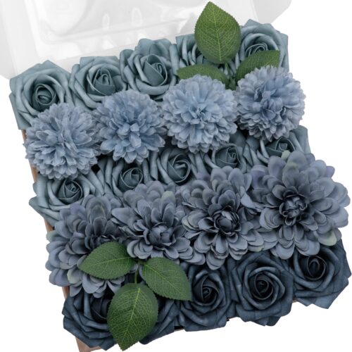 Artificial Flowers Combo Box Set, Dusty Blue Roses Gradient Color Fake Roses with Stems for DIY Wedding Bouquets Table Centerpieces Baby Shower Home Party Floral Arrangements Decorations