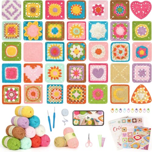 Crochet Kit for Beginners-Crochet Kit for Adults Kids w/Step-by-Step Video Tutorials, Learn to Crochet 50 Pattern Granny Square Kit Crochets Starter Kits w/Upgraded Yarn-Zero Based Friendly