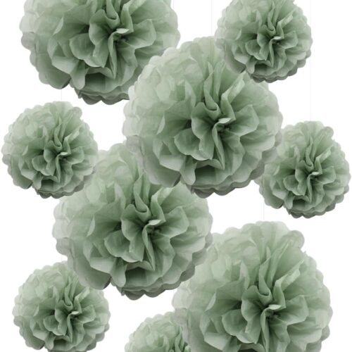 9PCS Dusty Sage Green Party Tissue Paper Pom Poms Flowers Boho Rustic Hanging Backdrop Décor for Birthday Wedding Baby Shower Neutral Botanical Greenery Nursery Wild Safari Party
