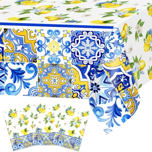 3 pcs Capri Lemon Theme Tablecloths 108x54 inch She Found Her Main Squeeze Bridal Shower Tablecloths Disposable Lemon Baby Shower Birthday Party Decorations