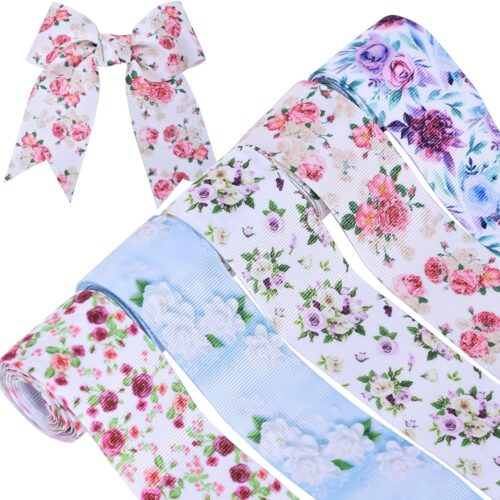 Floral Grosgrain Ribbon, 5 Rolls Flower Pattern Ribbon Spring Summer Fabric Decorative Craft Ribbon Roll for Gift Wrapping Decor Hair Bow Sewing Wreath Crafts (Mixed Color, 3/8 inch X 20Yards)