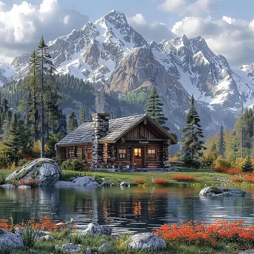 5D Landscape Scenery Diamond Art Kits for Adults Beginners,DIY Full Round Drill Diamond Scenic Mountain &Wooden House, Paint by Diamonds Dot Gem Art Crystal Easy,Home Wall Decor 13.7X13.7Inch