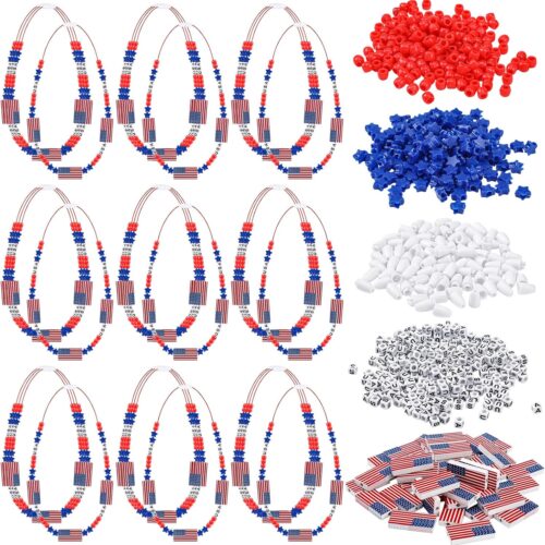 48 Pack 4th of July Patriotic Jewelry Craft Kits Independence Memorial Day DIY Necklace Craft Kits for Kids Fun Red White and Blue Jewelry Making Decoration Gift Kids' Home Activities