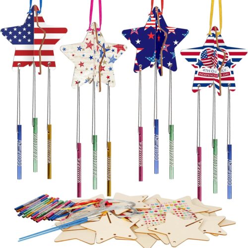 8pcs 4th of July Craft Kit for Kid Make Your Own Patriotic Star Windchime Wooden Coloring 3D Star Ornament for Child 4th of July Independence Day Sunday School Classroom Activity Gift Exchange